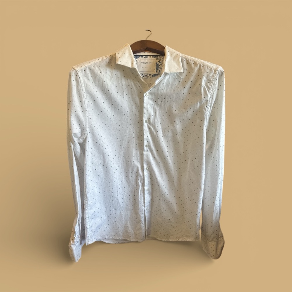 Denim & Flower White Button Down Shirt with Black Dots Polka Dots Mens Small